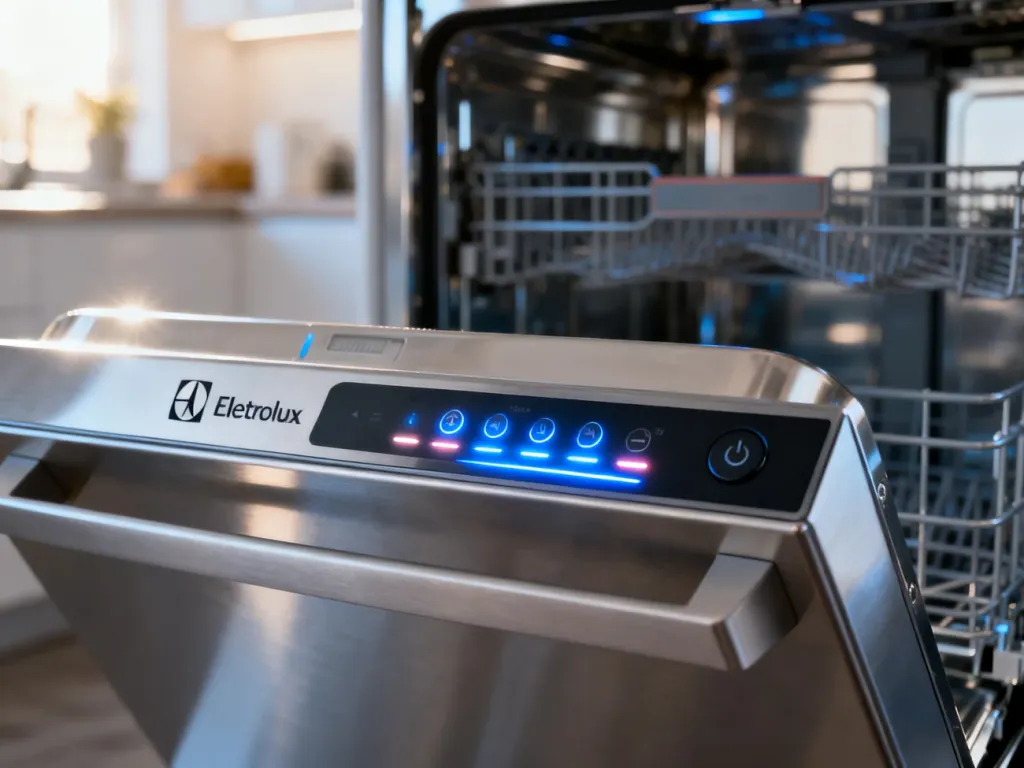 Panel sterowania zmywarki Electrolux z podświetlanymi przyciskami dotykowymi i wskaźnikami LED.