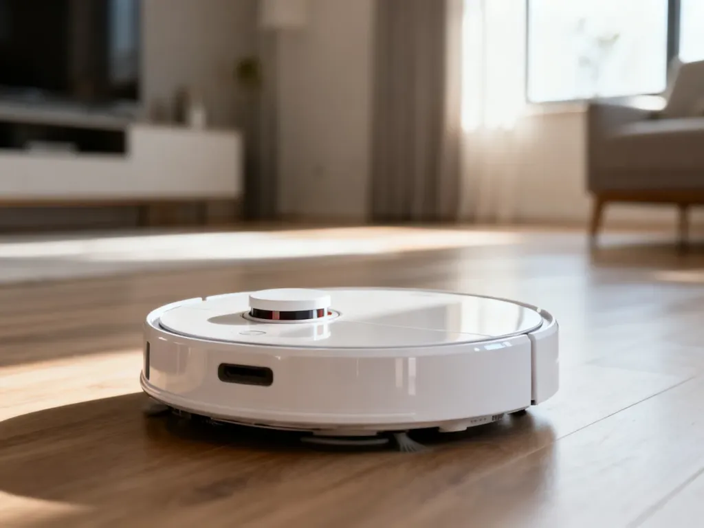 Nowoczesny biały robot sprzątający poruszający się po minimalistycznym salonie z drewnianą podłogą.