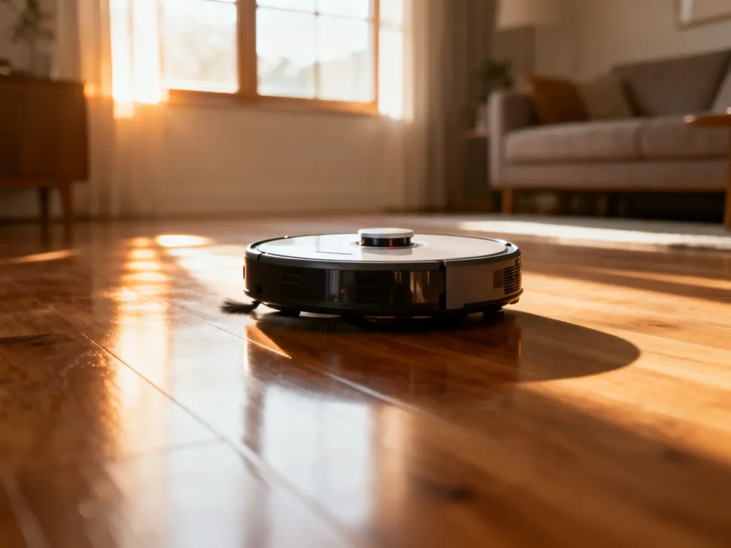 Nowoczesny robot sprzątający poruszający się po czystej drewnianej podłodze w słonecznym salonie.