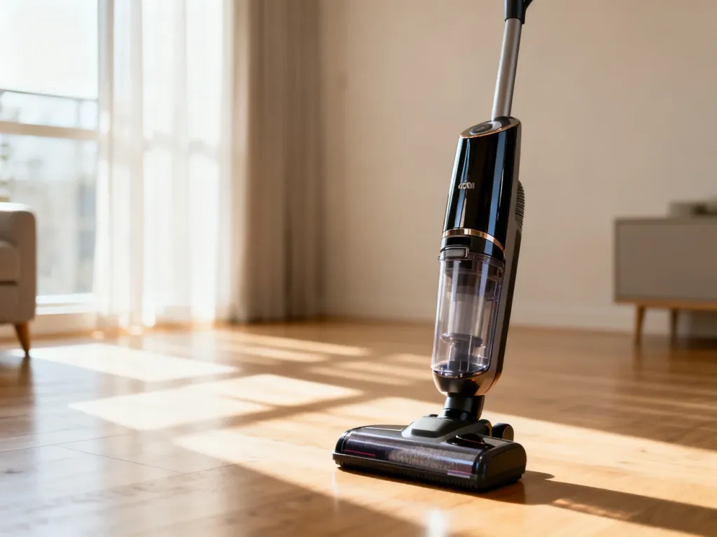 Nowoczesny odkurzacz o mocy 600W w minimalistycznym salonie, prezentujący elegancki design i przezroczysty zbiornik na kurz.