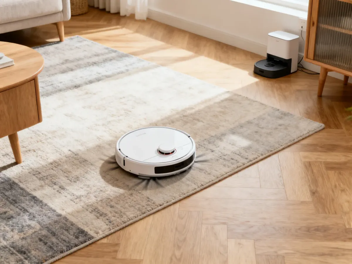 Robot sprzątający poruszający się po mieszkaniu z twardą podłogą i dywanem