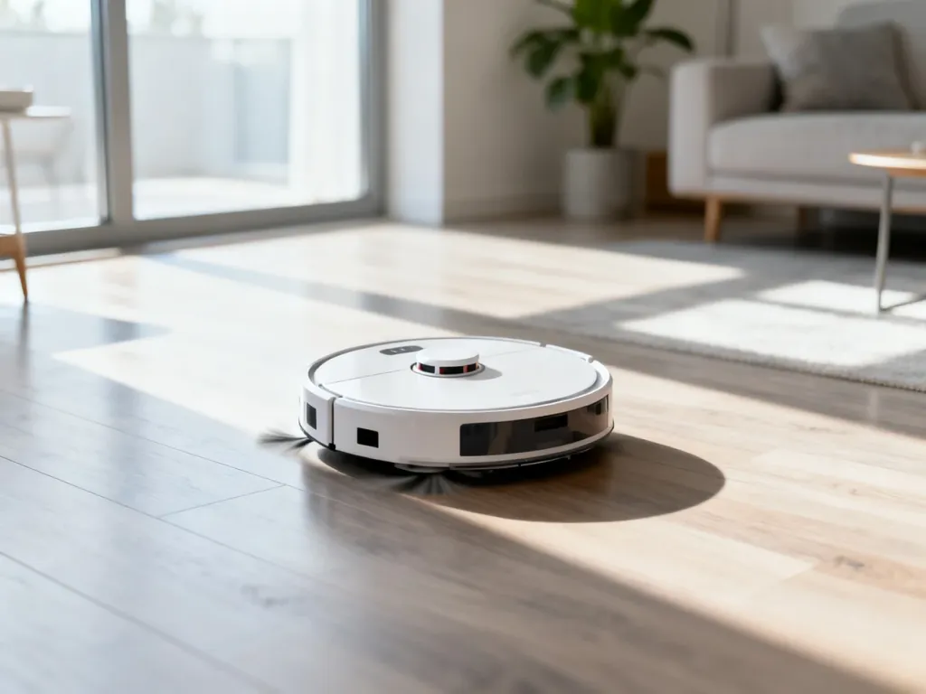 Nowoczesny robot sprzątający poruszający się po jasnej, drewnianej podłodze w przytulnym salonie.
