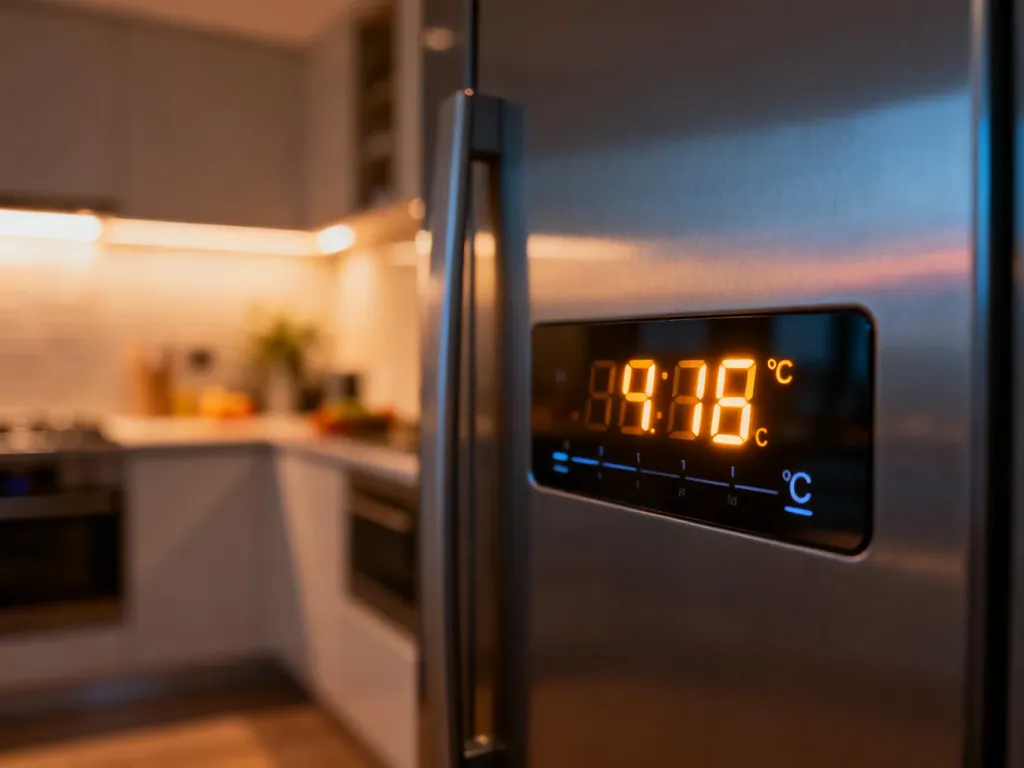 Cyfrowy panel sterowania nowoczesnej lodówki z widocznymi ustawieniami temperatury w stopniach Celsjusza.