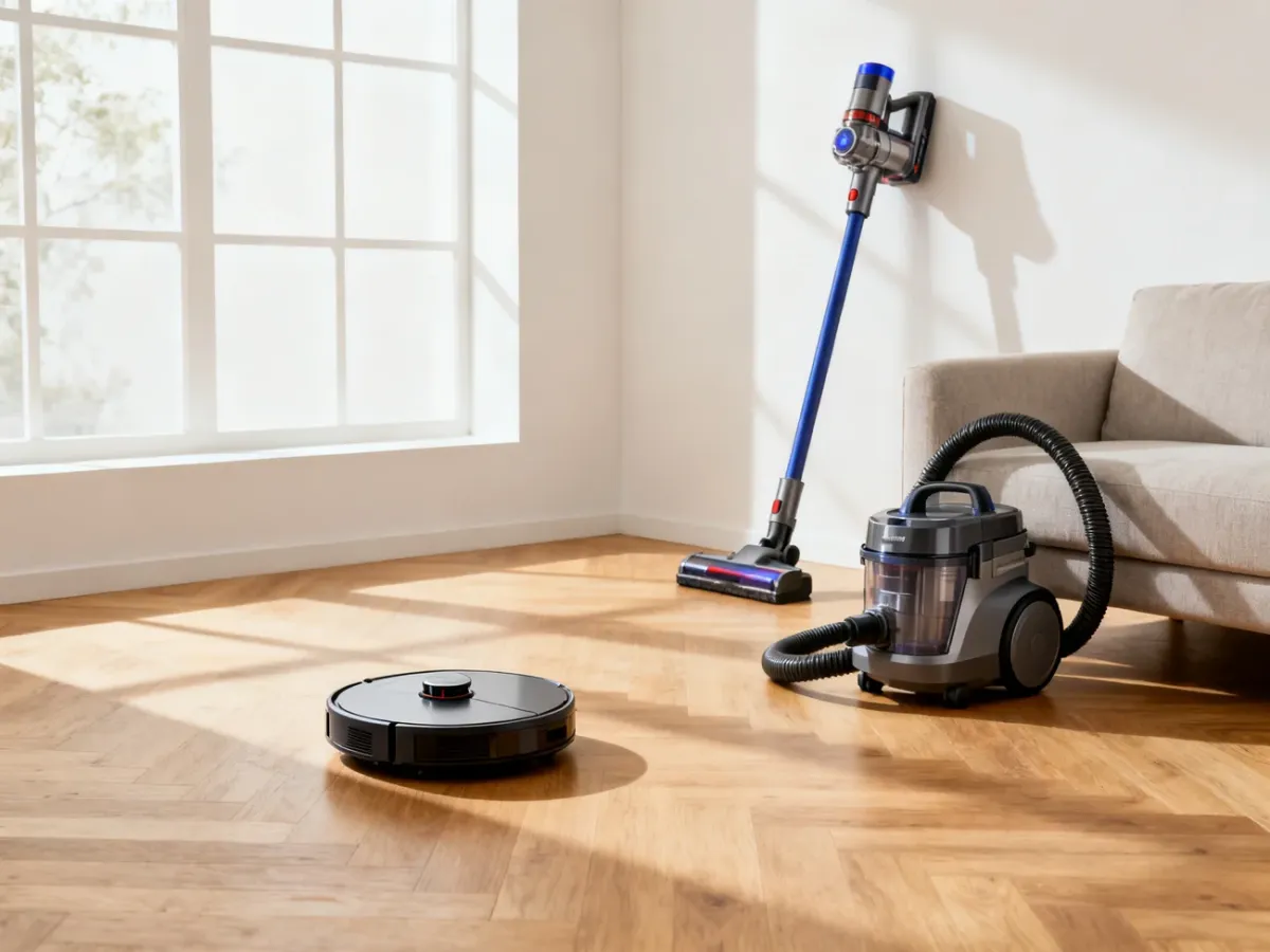 Trzy typy odkurzaczy w nowoczesnym wnętrzu: robot, model pionowy i przewodowy
