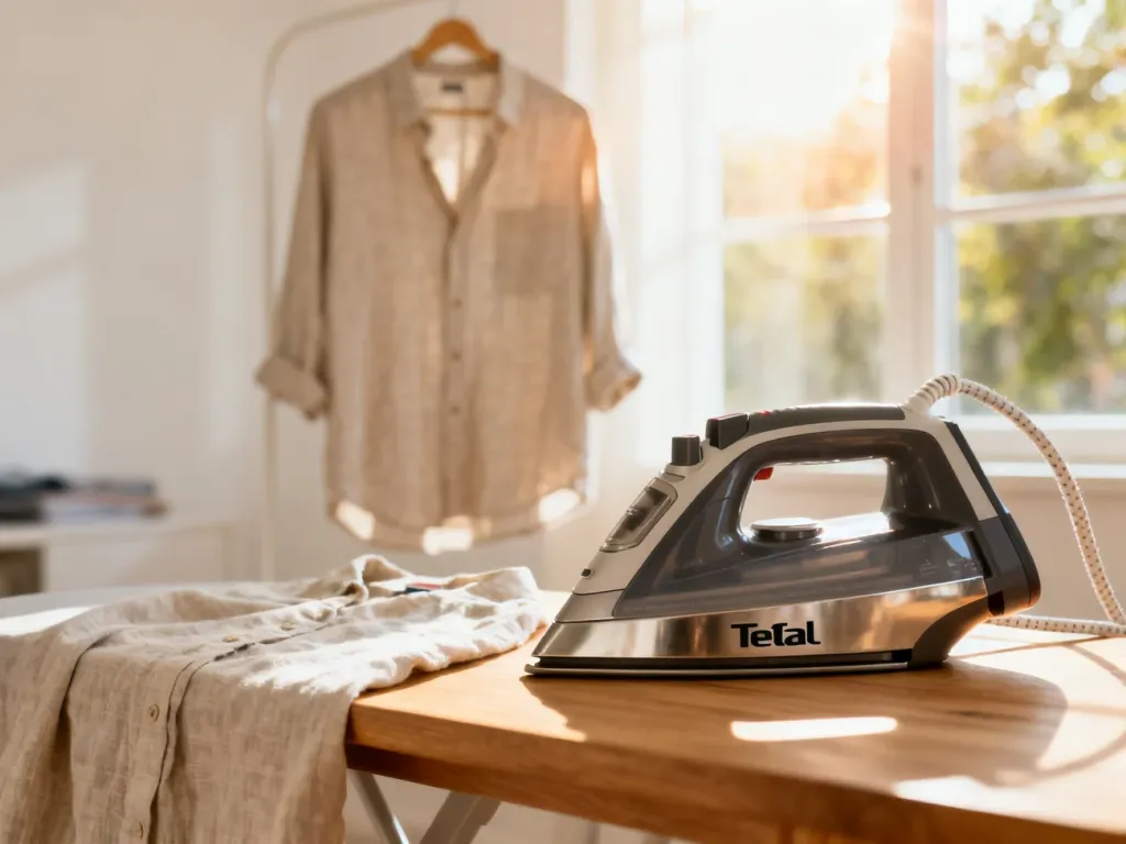 Nowoczesna parownica Tefal na drewnianym stole w jasnej pralni, gotowa do odświeżenia lnianej koszuli.