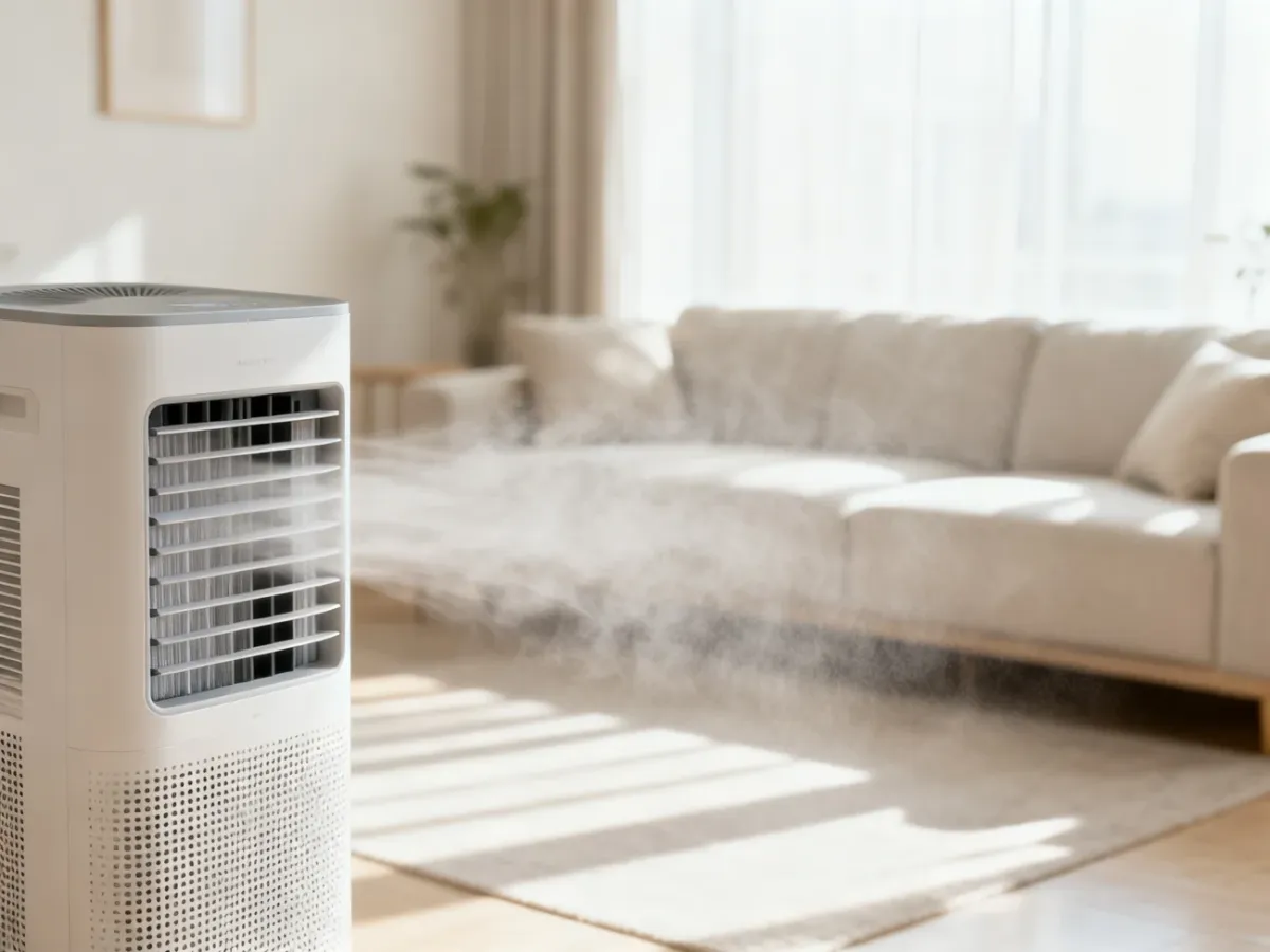 Oczyszczacz powietrza z widocznymi warstwami filtrów w jasnym salonie