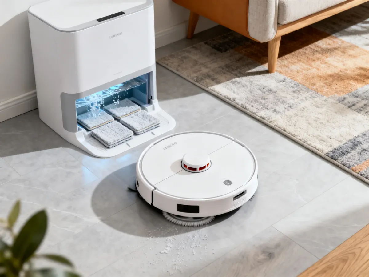 Robot sprzątający wracający do stacji myjącej i suszącej pady w nowoczesnym domu