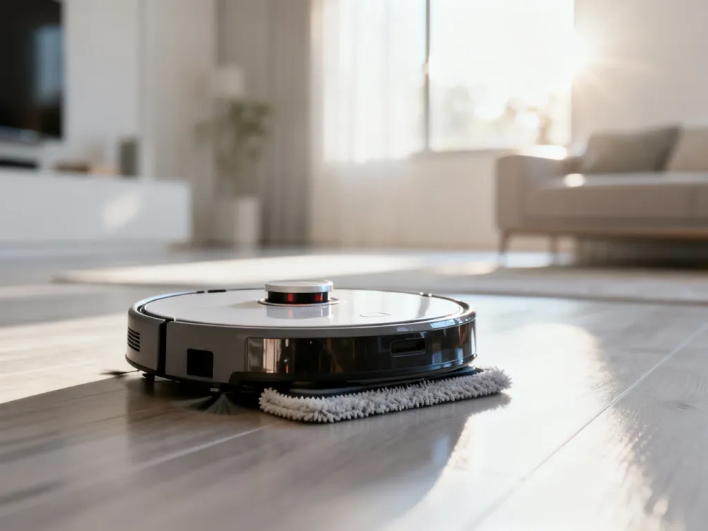Nowoczesny robot sprzątający z funkcją mopowania na drewnianej podłodze w jasnym, minimalistycznym salonie.