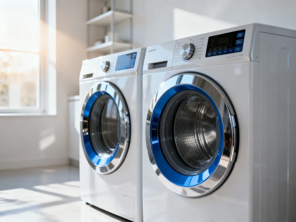 Nowoczesne pralki Samsung i Electrolux ustawione obok siebie w jasnej, minimalistycznej pralni.