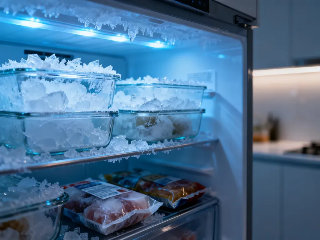 Wnętrze nowoczesnej zamrażarki z poukładanymi produktami spożywczymi w chłodnym, niebieskim świetle LED.