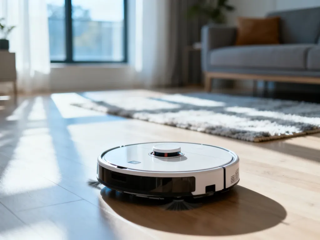 Nowoczesny robot sprzątający poruszający się po minimalistycznym salonie z drewnianą podłogą.