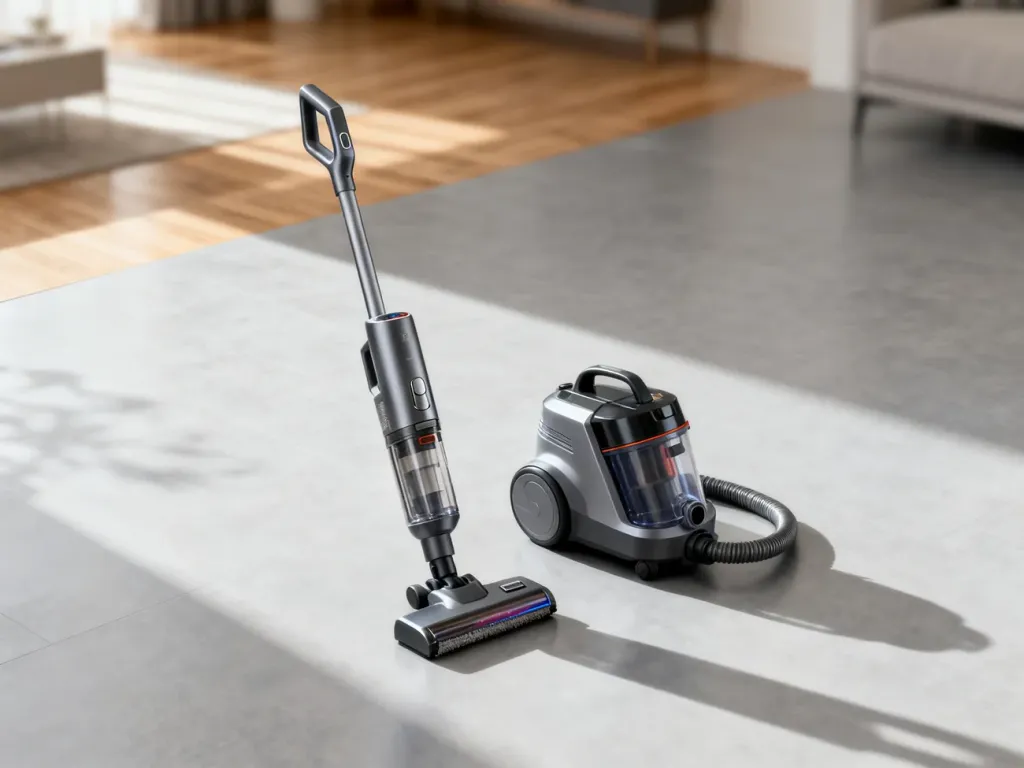 Nowoczesny odkurzacz bezprzewodowy Dyson oraz profesjonalny odkurzacz Karcher ustawione obok siebie na jasnej podłodze.