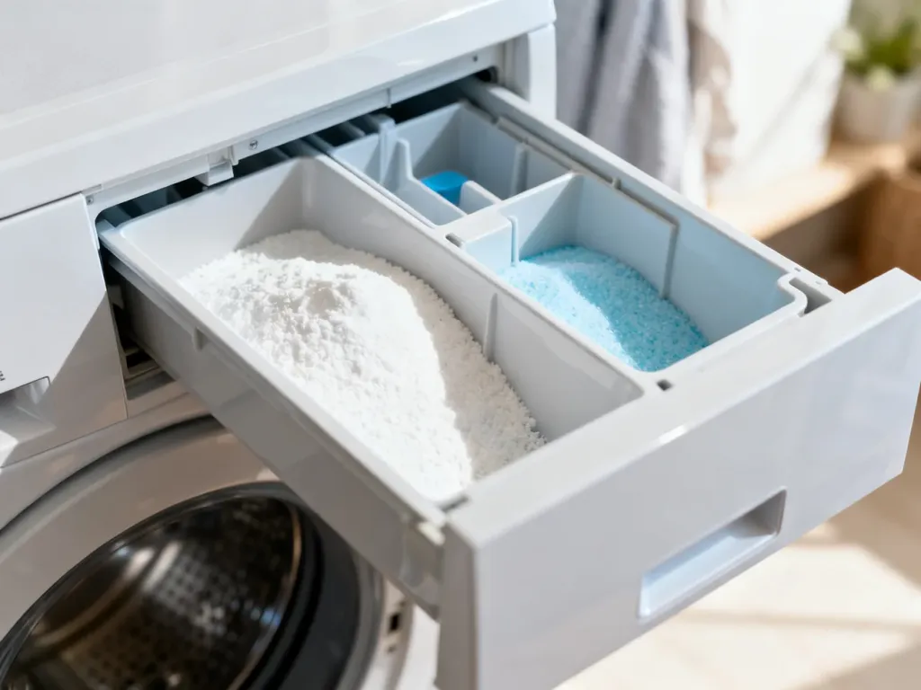 Wysunięta szuflada na detergenty w pralce Hotpoint Ariston z widocznymi przegródkami na proszek i płyn do płukania.