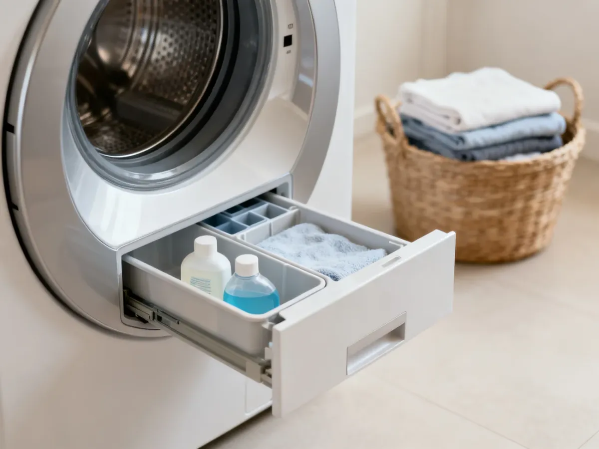 Pralka z otwartą szufladą na detergent i płyn zmiękczający w nowoczesnej pralni