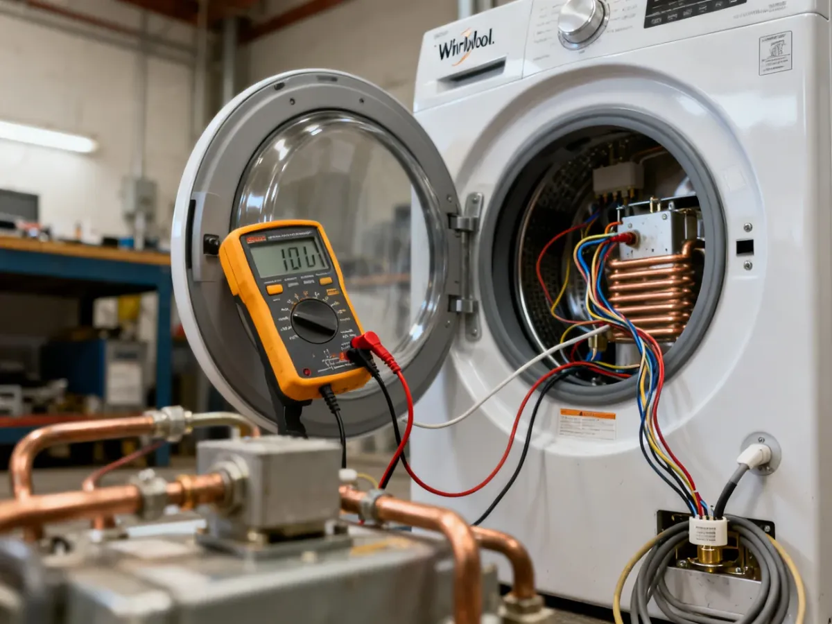 Technik sprawdzający grzałkę i czujnik temperatury w odłączonej pralce multimetrem