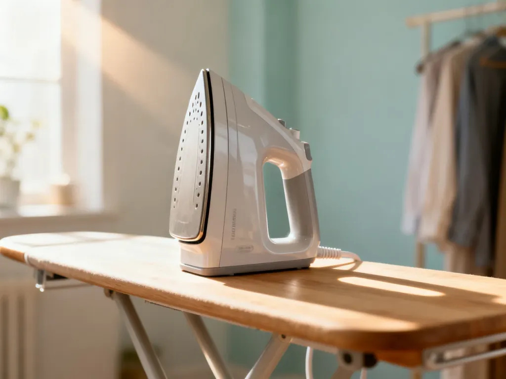 Nowoczesna parownica ręczna Philips na drewnianej desce do prasowania w jasnym, minimalistycznym wnętrzu.