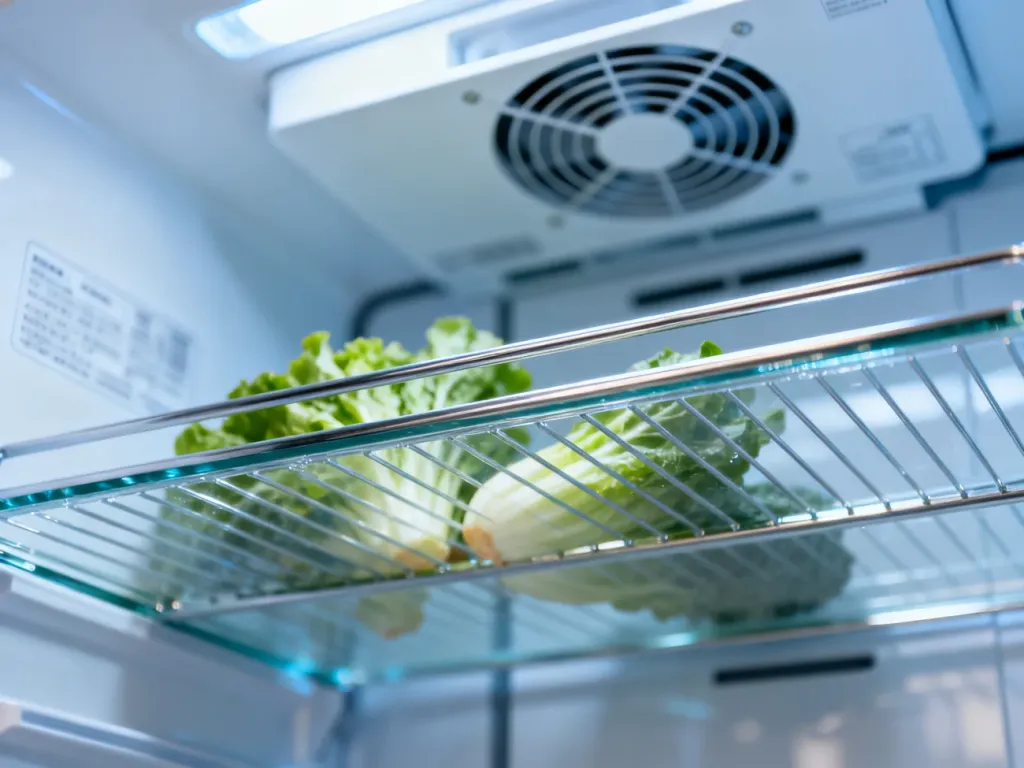 Wnętrze nowoczesnej lodówki z systemem No Frost, prezentujące czyste półki, świeże warzywa oraz system wentylacji.