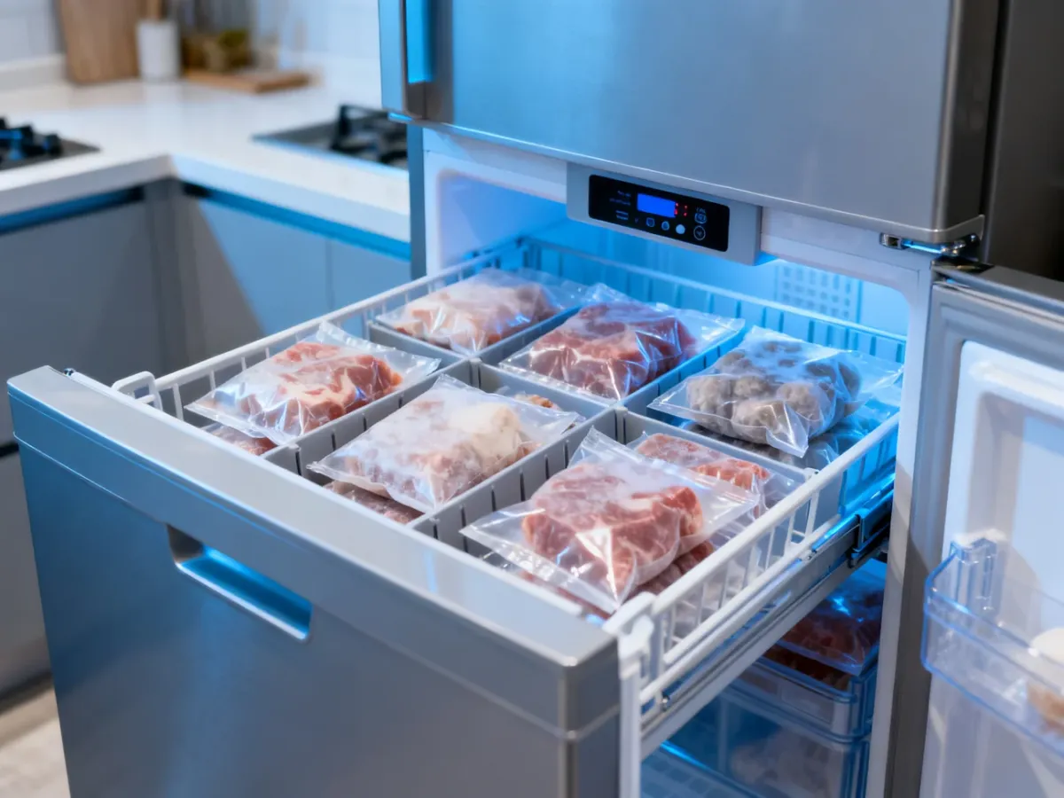 Domowa zamrażarka z uporządkowanymi produktami i panelem regulacji temperatury