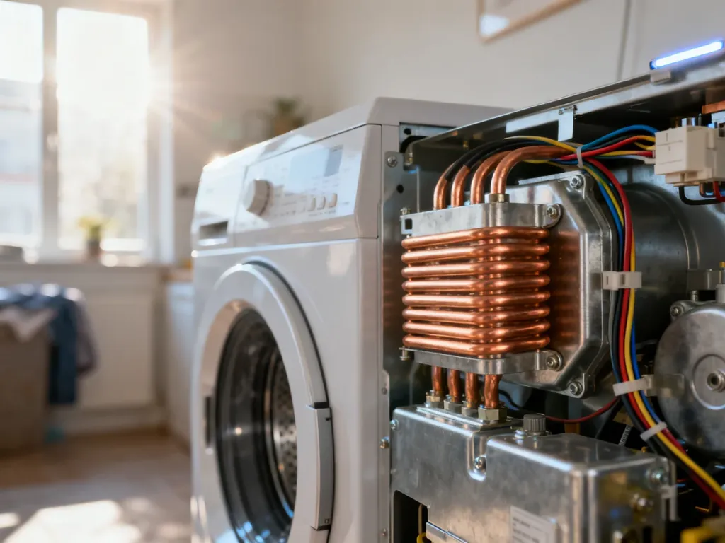 Wnętrze pralki z widoczną grzałką i przewodami elektrycznymi, wskazujące na elementy podlegające naprawie przy błędzie F08.