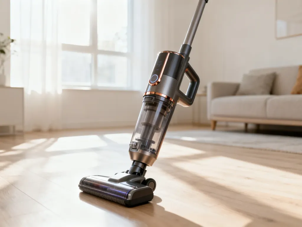 Nowoczesny odkurzacz bezprzewodowy Dyson stojący na jasnej podłodze w minimalistycznym, słonecznym salonie.