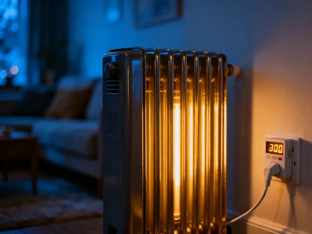 Nowoczesny grzejnik elektryczny z miernikiem zużycia energii w przytulnym, zimowym salonie.