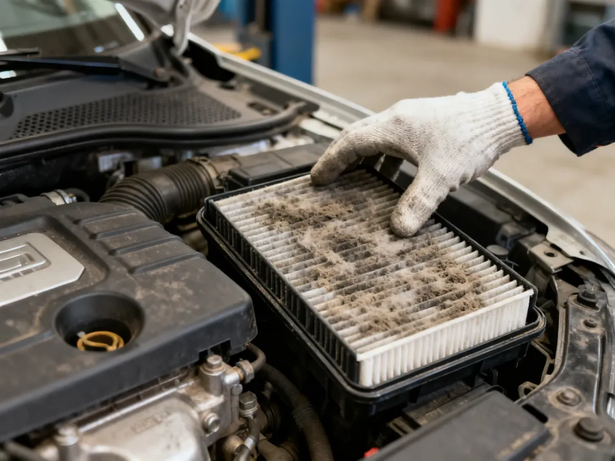 Mechanik oglądający zabrudzony filtr powietrza w komorze silnika