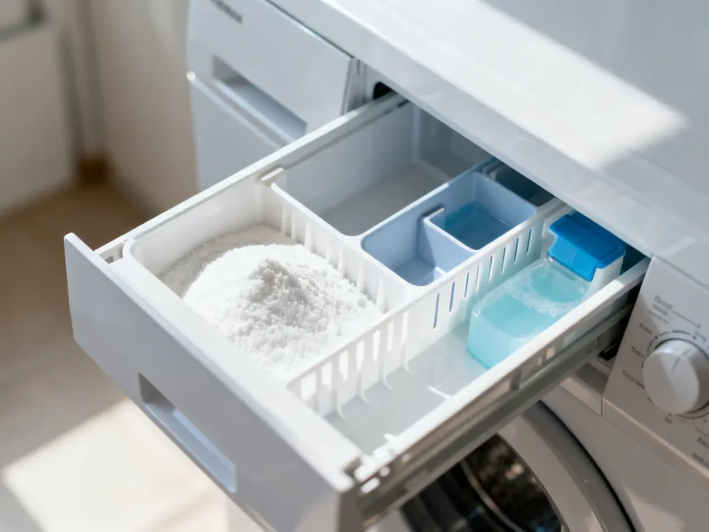 Wysunięta szuflada na detergenty w pralce Beko z trzema wyraźnymi przegródkami na proszek, płyn i płyn do płukania.
