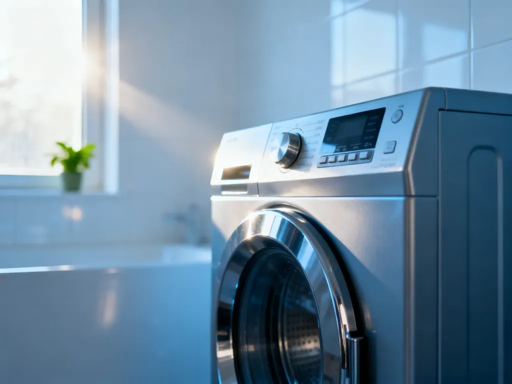 Nowoczesna pralka Electrolux w minimalistycznej pralni z widocznym panelem sterowania i metalowymi drzwiczkami.