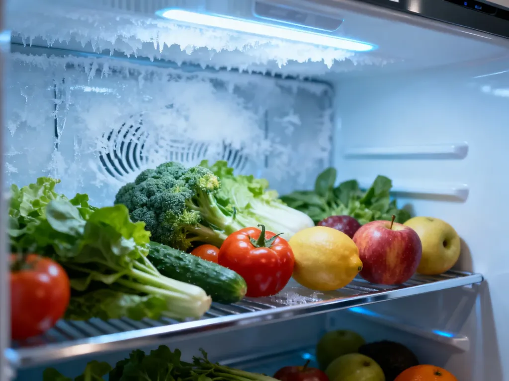 Wnętrze nowoczesnej lodówki z systemem No Frost, prezentujące świeże produkty bez śladów szronu na ściankach.