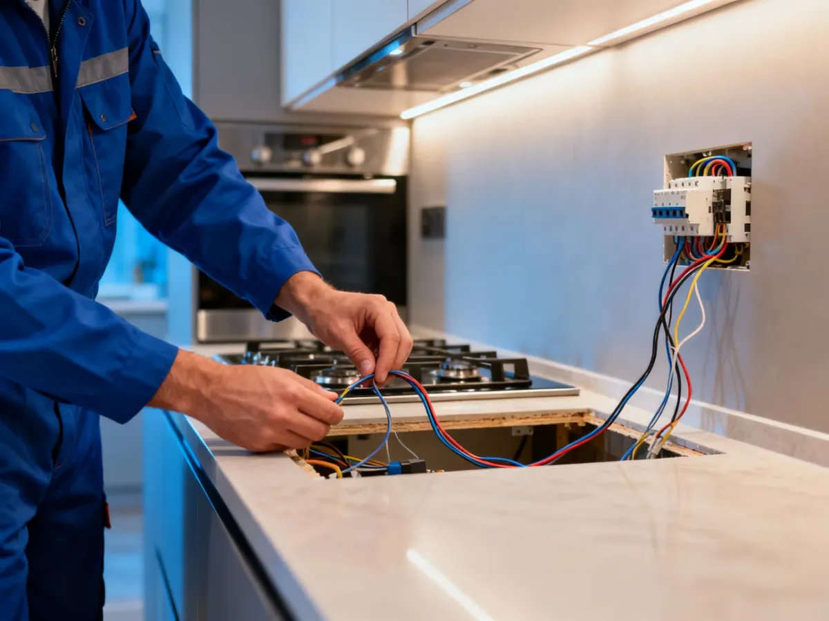 Elektryk sprawdzający instalację elektryczną w kuchni przed montażem płyty grzewczej