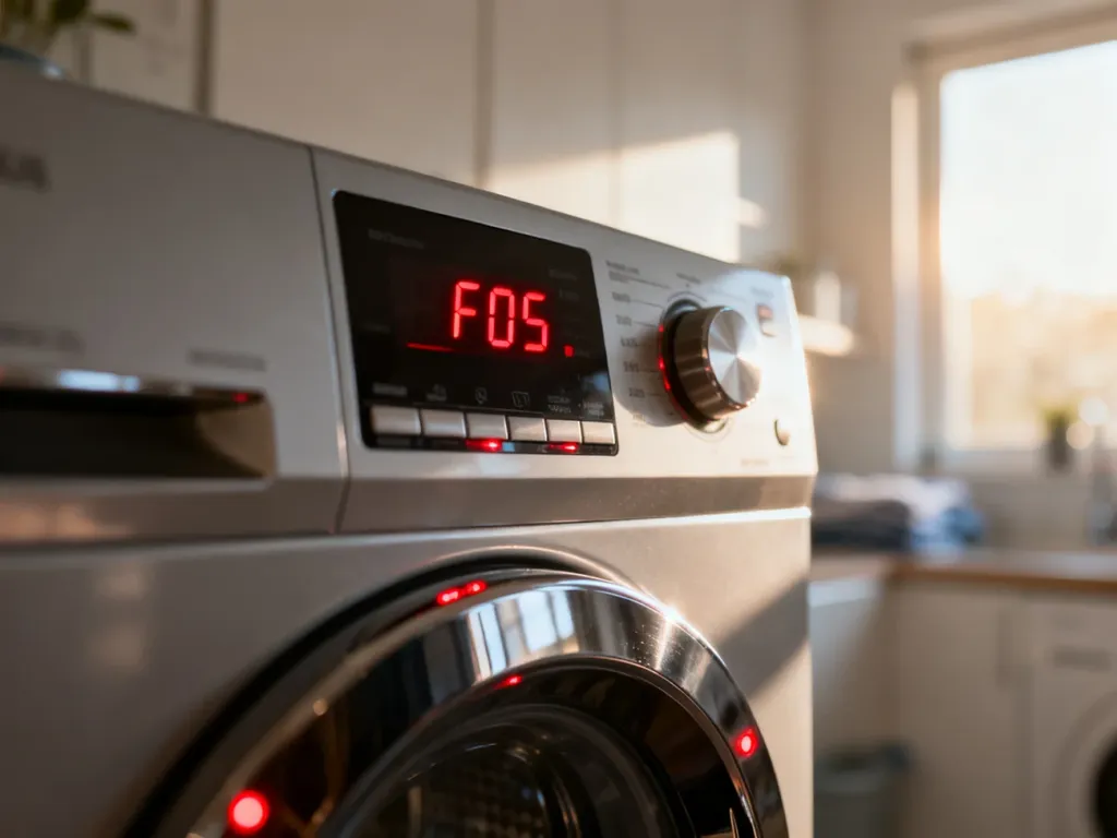 Panel sterowania pralki Whirlpool z wyświetlonym kodem błędu F05, sygnalizującym awarię urządzenia.