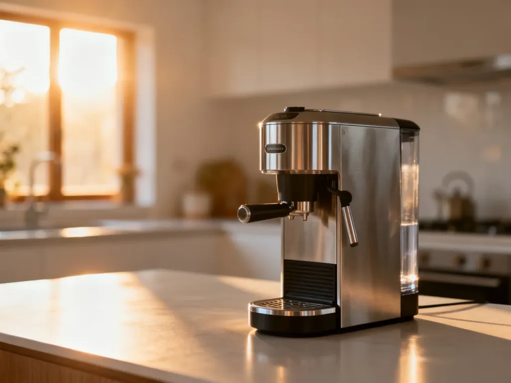 Nowoczesny ekspres kapsułkowy Nespresso na minimalistycznym blacie kuchennym w promieniach porannego słońca.