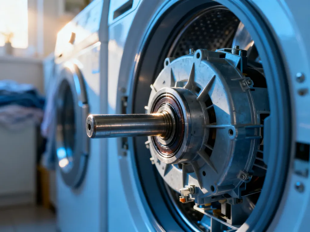 Zbliżenie na zdemontowany mechanizm bębna pralki, ukazujące oś oraz miejsce montażu łożysk.
