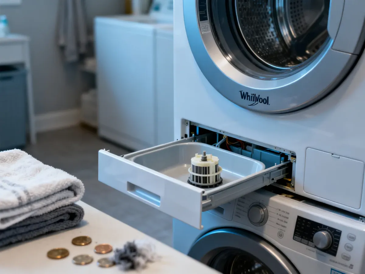 Otwarty filtr pompy pralki Whirlpool z miską, ręcznikami i usuniętymi zanieczyszczeniami