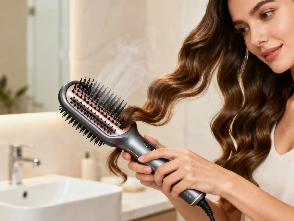 Kobieta modelująca włosy multistylerem za pomocą delikatnego strumienia powietrza