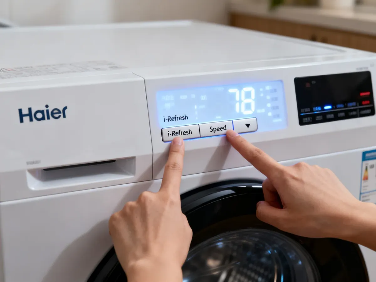 Panel pralki Haier z jednocześnie naciskanymi przyciskami i-Refresh oraz Speed