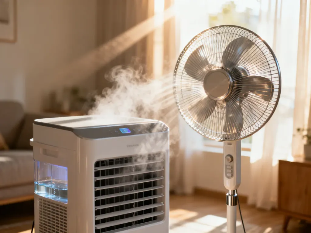 Nowoczesny klimator oraz klasyczny wentylator stojący w słonecznym salonie, prezentujące opcje chłodzenia mieszkania.