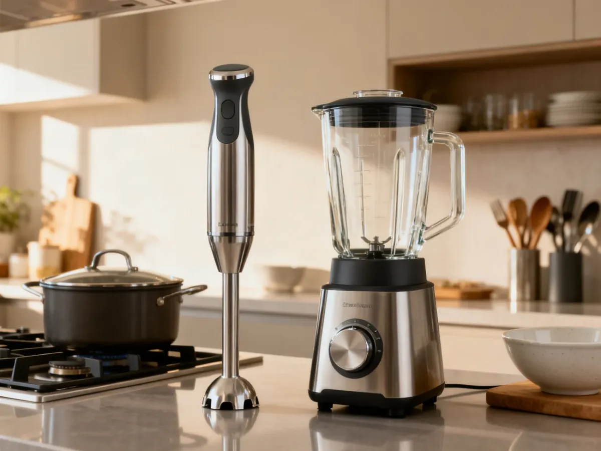 Blender ręczny i kielichowy ustawione obok siebie w kuchni