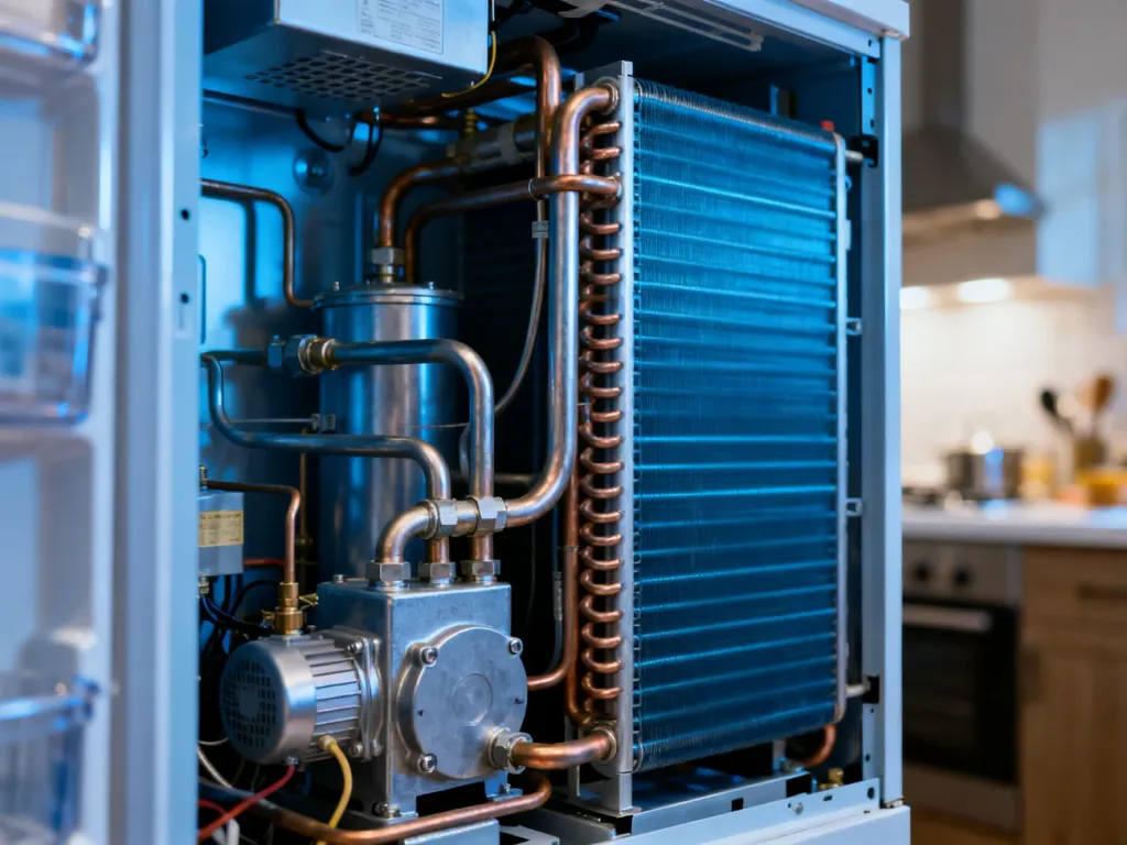 Wnętrze mechanizmu absorpcyjnego lodówki z widocznymi rurkami i wymiennikami ciepła w niebieskiej tonacji.