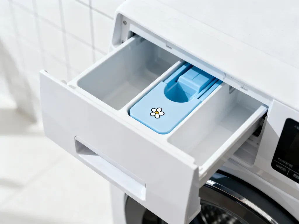 Otwarta szuflada pralki Beko z wyraźnie zaznaczoną przegródką na płyn do płukania oznaczoną ikoną kwiatka.