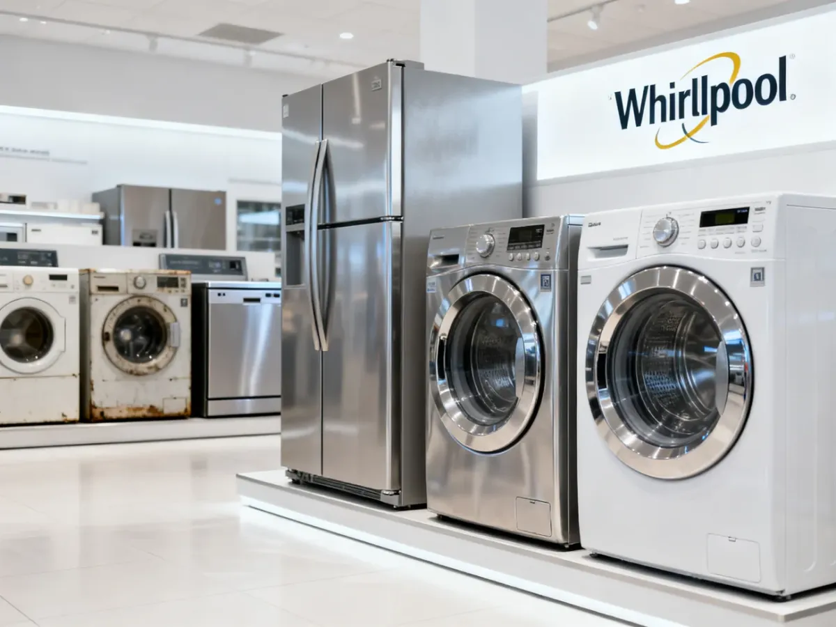 Współczesne urządzenia AGD Whirlpool w jasnym salonie ze sprzętem