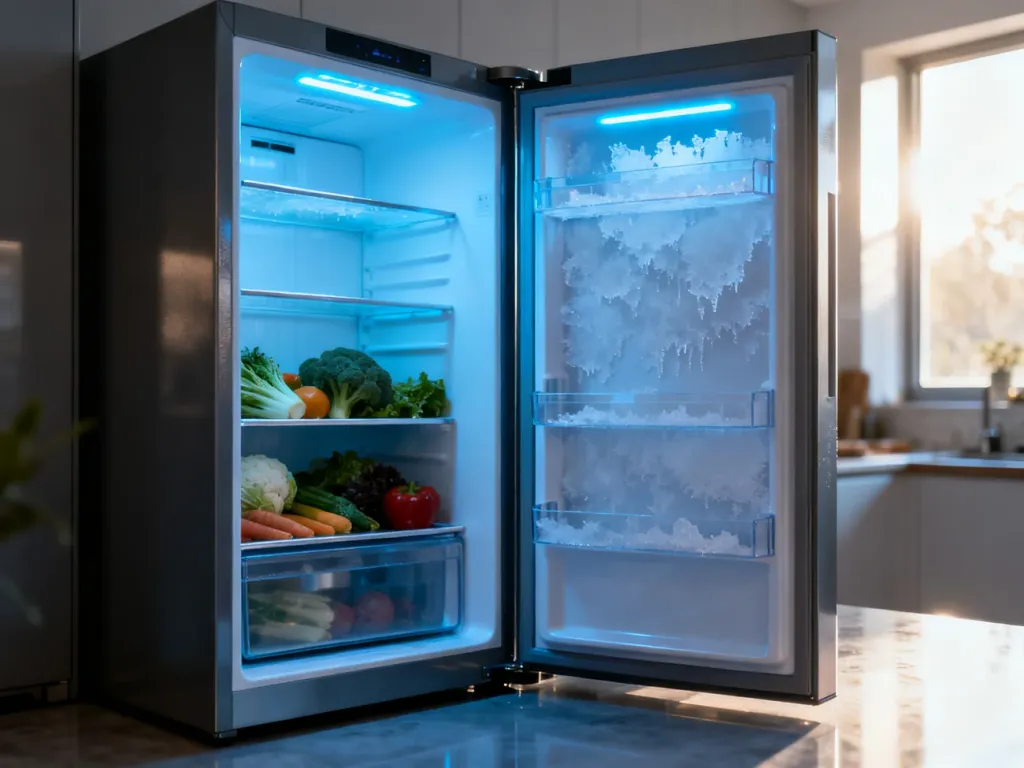 Porównanie wnętrza lodówki typu no frost z widocznym oszronieniem w tradycyjnym modelu.