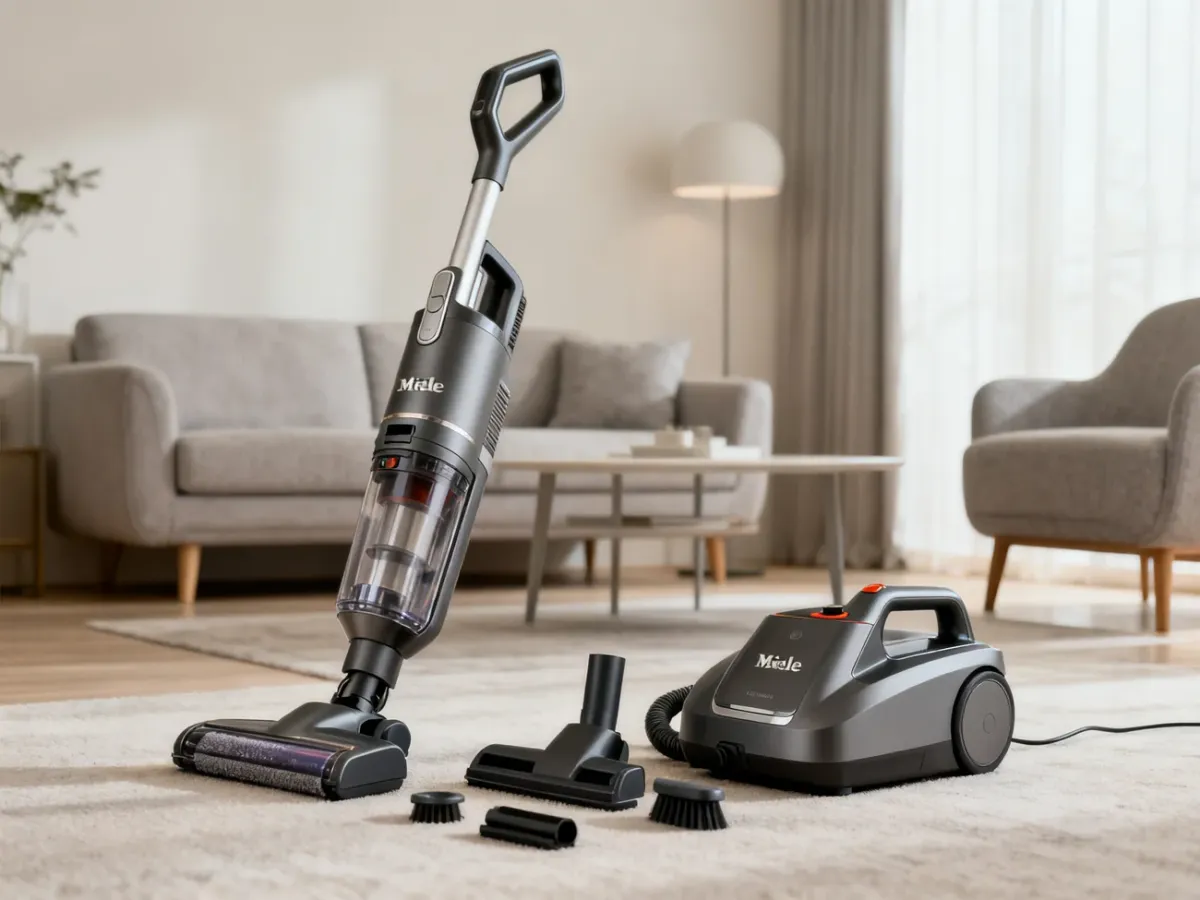 Modułowy bezprzewodowy odkurzacz Miele z jednostką PowerUnit w nowoczesnym salonie