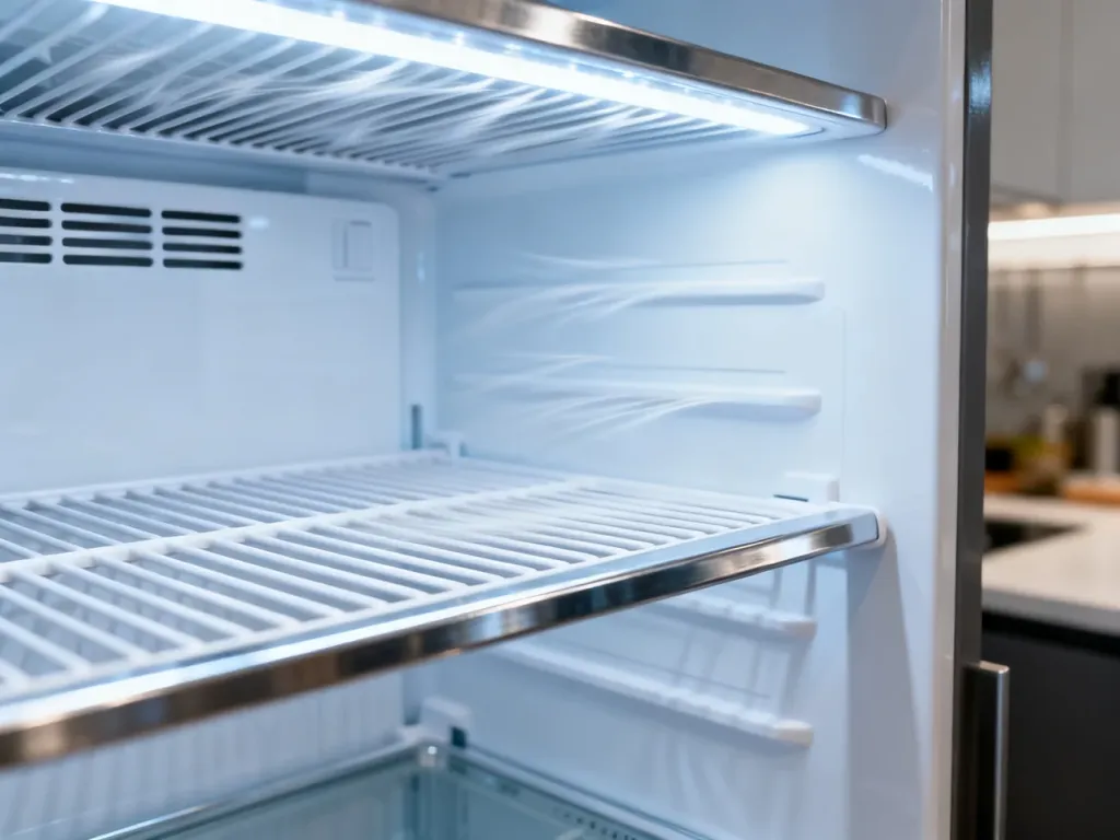 Wnętrze nowoczesnej lodówki z widocznymi otworami wentylacyjnymi systemu No Frost, zapewniającymi równomierny obieg powietrza.