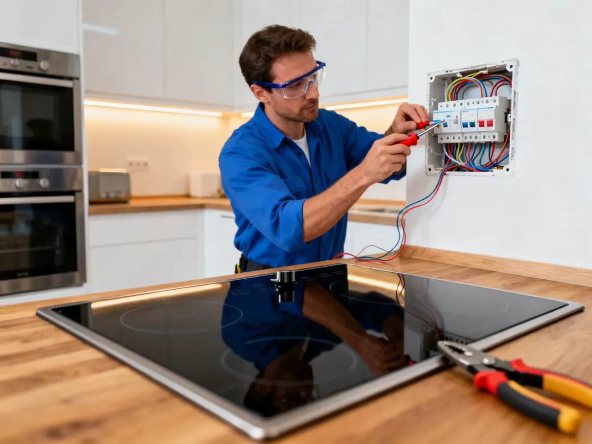 Elektryk podłącza płytę indukcyjną w instalacji kuchennej