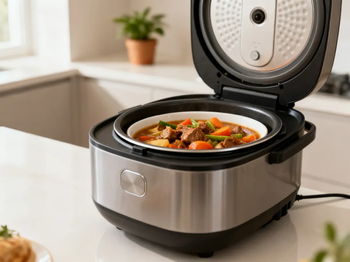 Multicooker z gotowym domowym gulaszem w nowoczesnej kuchni