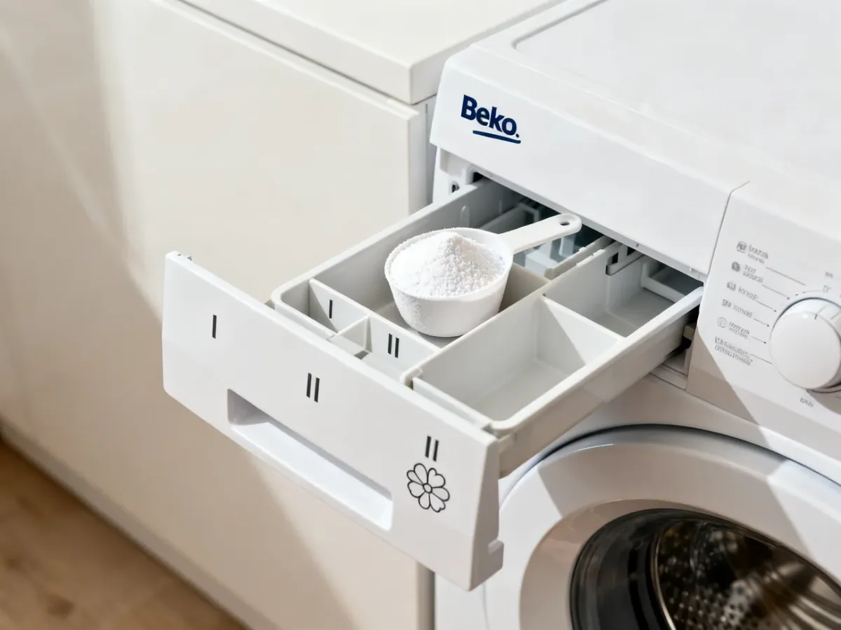 Otwarta szuflada pralki Beko z proszkiem umieszczanym w komorze II