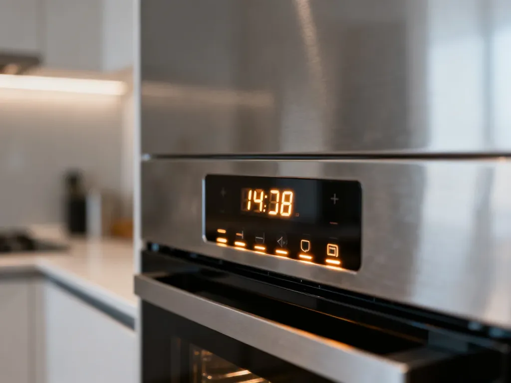 Zbliżenie na cyfrowy panel sterowania piekarnika Electrolux z podświetlanym wyświetlaczem czasu w nowoczesnej kuchni.