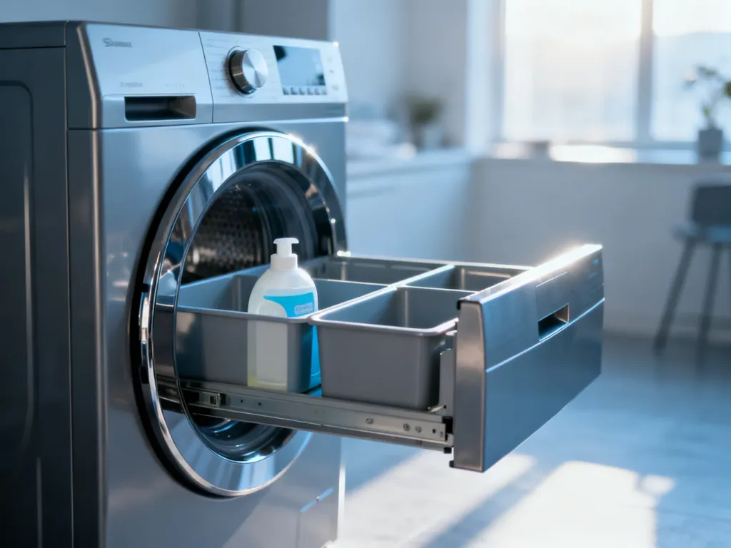 Wysunięta szuflada nowoczesnej pralki z widocznymi przegródkami na detergent i płyn do płukania.