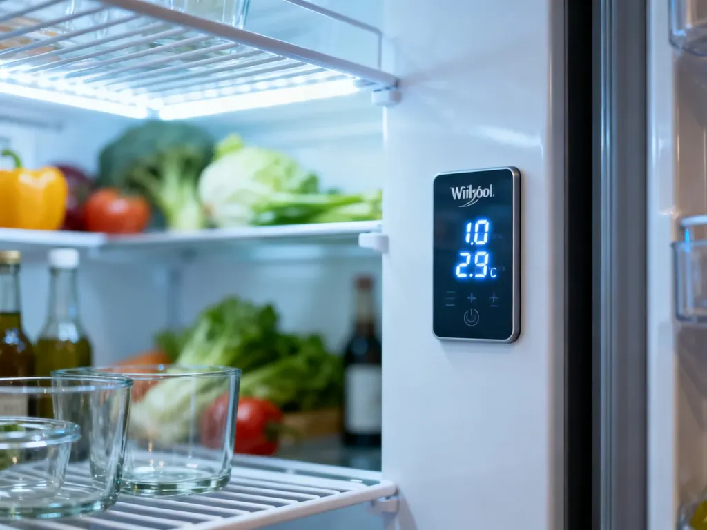Wnętrze lodówki Whirlpool z podświetlanym panelem cyfrowym do precyzyjnej regulacji temperatury.
